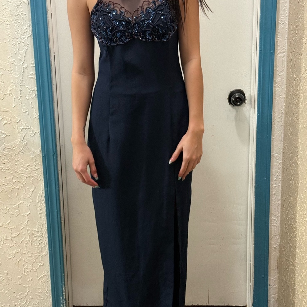 Elegant Navy Slip Dress with Beaded Lace Bodice